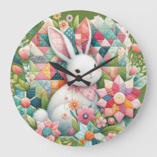 Konijn met quilt en bloemen grote klok
