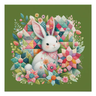 Konijn met quilt en bloemen perfect poster