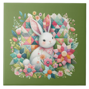 Konijn met quilt en bloemen tegeltje