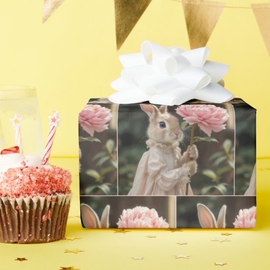 Konijn met roze pioen cadeaupapier (Verjaardagsfeest)