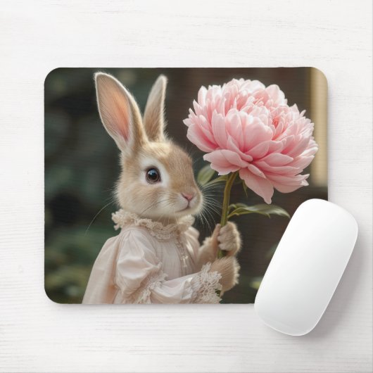 Konijn met roze pioen muismat (Met muis)