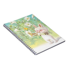 Konijn met trompet en vogel in lelie tuin notitieboek