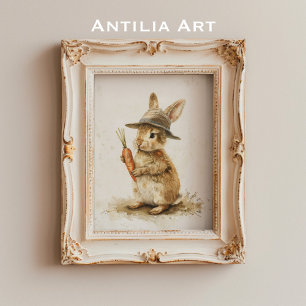 Konijn met wortelschilderij rustieke paashaas poster