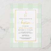 Konijn Mint Gingham Doop Gouden Folie Uitnodiging (Voorkant)