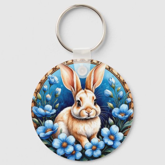 Konijn omringd door blauwe bloemen sleutelhanger (Voorkant)