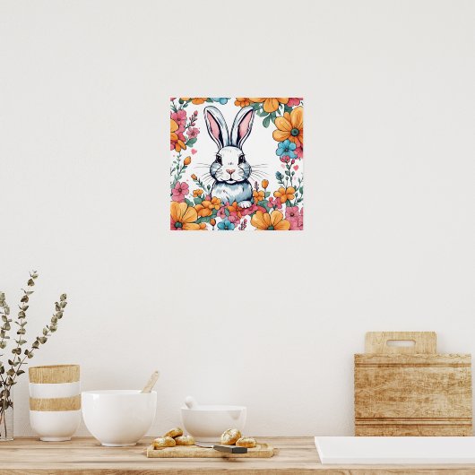 Konijn omringd door bloemen poster (Keuken)