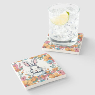 Konijn omringd door bloemen stenen onderzetter