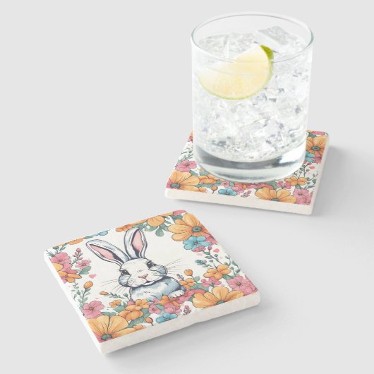 Konijn omringd door bloemen stenen onderzetter (Zijkant)
