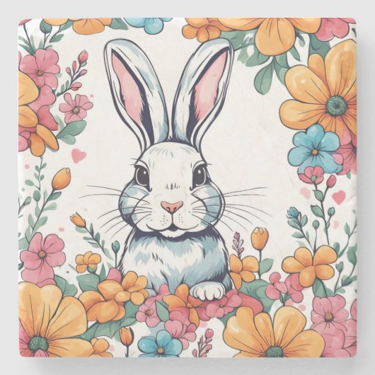 Konijn omringd door bloemen stenen onderzetter (Voorkant)