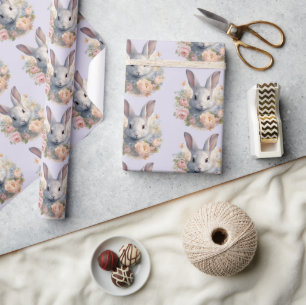 Konijn omringd door pastelbloemen Cute Patroon Cadeaupapier