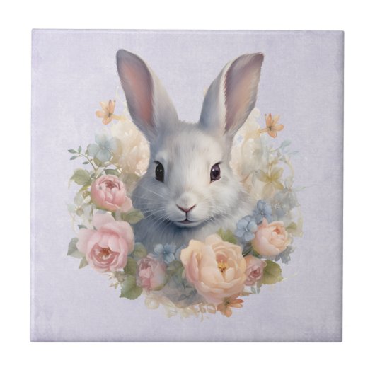 Konijn omringd door pastelbloemen Cute Tegeltje (Voorkant)