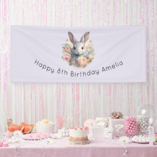 Konijn omringd door pastelbloemen Cute Verjaardag Spandoek