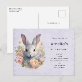 Konijn omringd door pastelbloemen Cute Verjaardag Uitnodiging Briefkaart