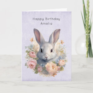 Konijn omringd door pastelbloemen Verjaardag Cute Kaart