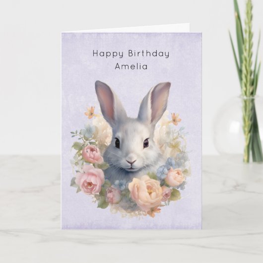 Konijn omringd door pastelbloemen Verjaardag Cute Kaart (Voorkant)