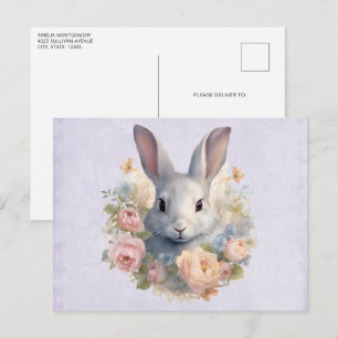 Konijn omringd door zachte bloemen Cute Briefkaart