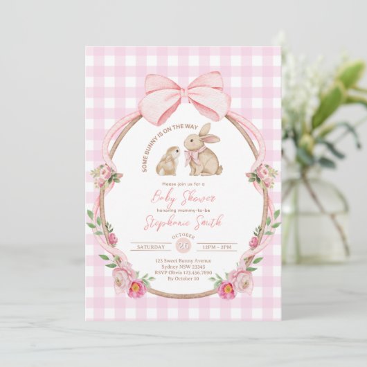 Konijn op komst Roze strik babyshower Kaart (Staand voorkant)