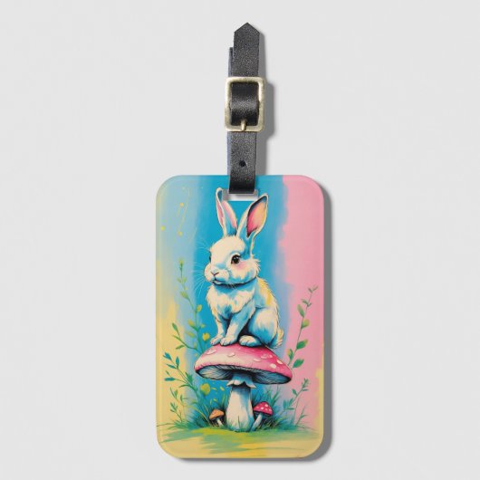 Konijn op paddenstoel met levendige pastelkleur bagagelabel (Voorkant (verticaal))
