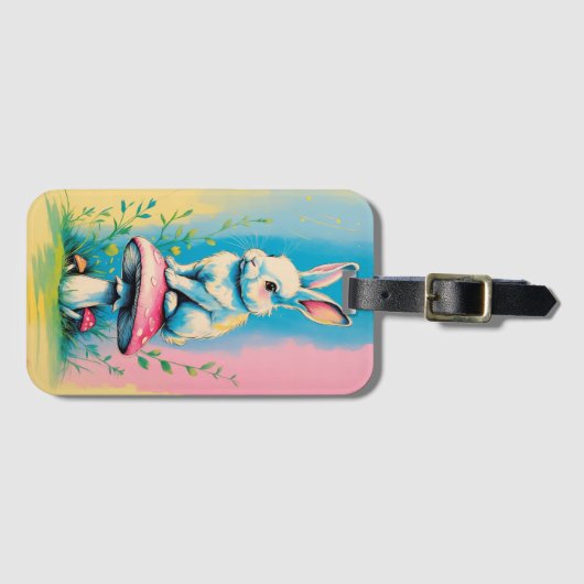 Konijn op paddenstoel met levendige pastelkleur bagagelabel (Voorkant (horizontaal))