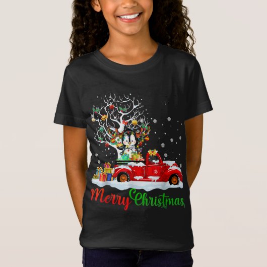 Konijn op Rode Vrachtwagen Kerstmis Pyjama Grappig T-shirt (Voorkant)