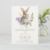 Konijn Paarse Sering Bloemige Pasen Brunch Kaart (Staand voorkant)