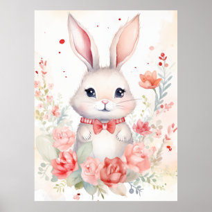 Konijn pastel met rozen en rode strik poster