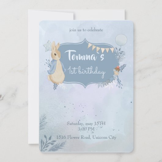 Konijn Peter 1st Birthday Uitnodiging (Voorkant)