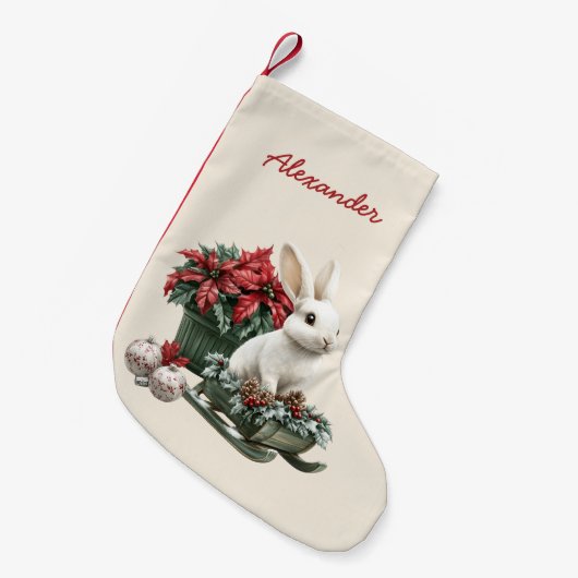 Konijn Poinsettia Aangepaste Naam Kleine Kerstsok (Voorkant (Hangend))