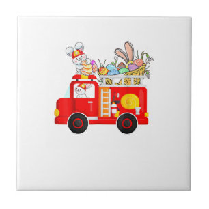 Konijn rijdt op brandweerwagen Pasen Dag Brandweer Tegeltje