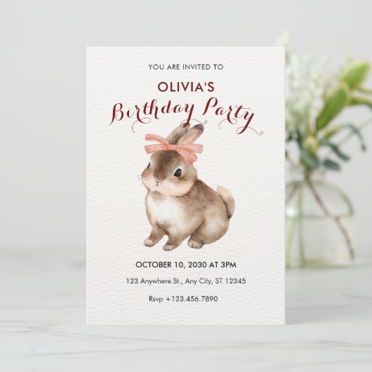 Konijn roze boog verjaardag kaart (Staand voorkant)