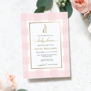 Konijn Roze Gingham Baby Shower Folie Uitnodiging