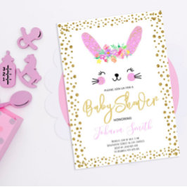 Konijn Roze Gouden Confetti Baby Shower Uitnodigin Kaart