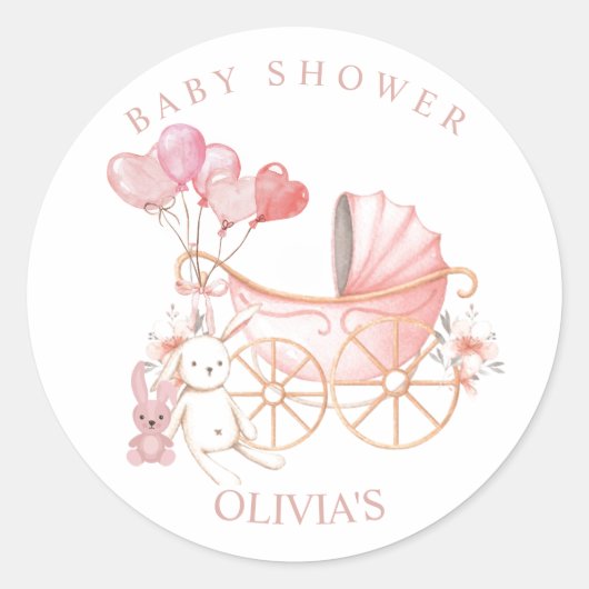 Konijn Roze Meisje Baby Shower Feestje Ronde Sticker (Voorkant)