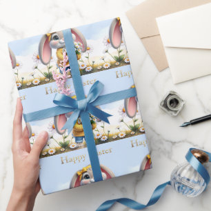 Konijn roze oren witte madeliefjes Gelukkig Pasen Cadeaupapier