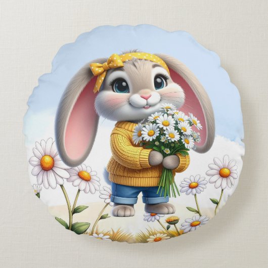 Konijn roze oren witte madeliefjes rond kussen (Voorkant)