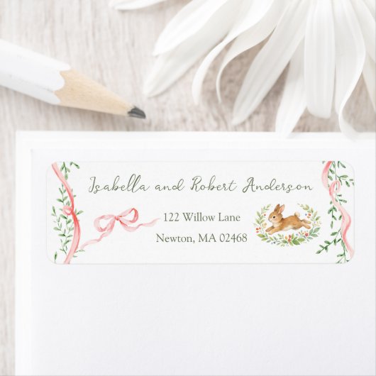 Konijn Roze Strik Baby Shower Adres Etiket (Insitu)