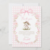 Konijn Roze Strik Gingham Baby Shower Bedankkaart (Voorkant)