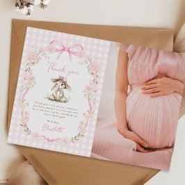Konijn Roze Strik Gingham Baby Shower Foto Bedankkaart