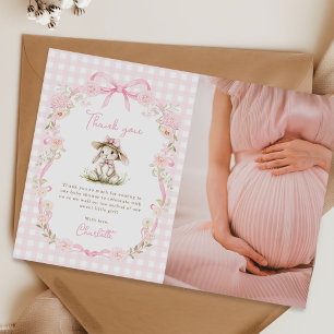 Konijn Roze Strik Gingham Baby Shower Foto Bedankkaart