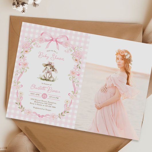 Konijn Roze Strik Gingham Baby Shower Foto Kaart