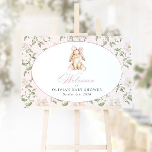 Konijn, Roze Strik, Roze Bloemen, Welkom bij Baby Poster