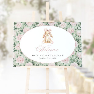 Konijn, Roze Strik, Roze Bloemen, Welkom op Baby S Poster