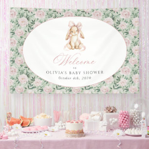 Konijn, Roze Strik, Roze Bloemen, Welkom op Baby S Spandoek