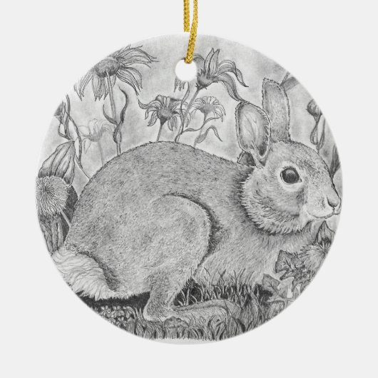 Konijn rust tussen wilde bloemen keramisch ornament (Voorkant)
