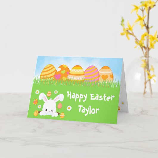 Konijn Sinaasappel en Roze Eitjes Gelukkig Pasen Kaart (Gele Bloem)