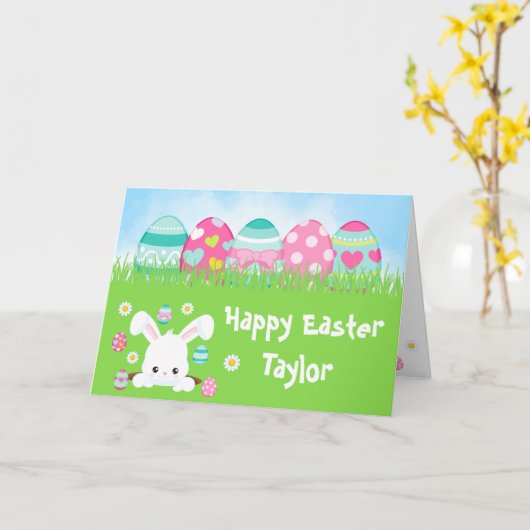 Konijn Turquoise Blauwe en Roze Eieren Gelukkig Pa Kaart (Gele Bloem)