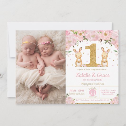 Konijn Tweeling Meisjes 1e Verjaardag Tweeling Fot Kaart (Voorkant)