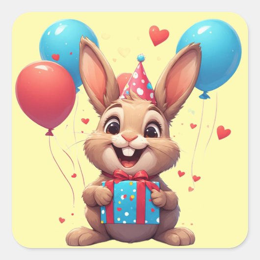 🎈 Konijn Verjaardagsfeest Thema Vierkante Sticker (Voorkant)