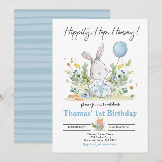 Konijn verjaardagsfeestje Blauwe Konijn Paasverjaa Kaart (Voorkant / Achterkant)