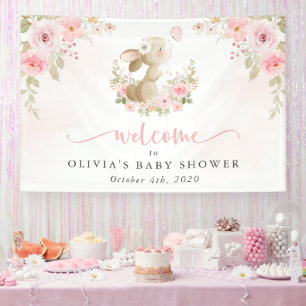 Konijn, Vlinder, Bloemen, Welkom bij de Baby Showe Spandoek